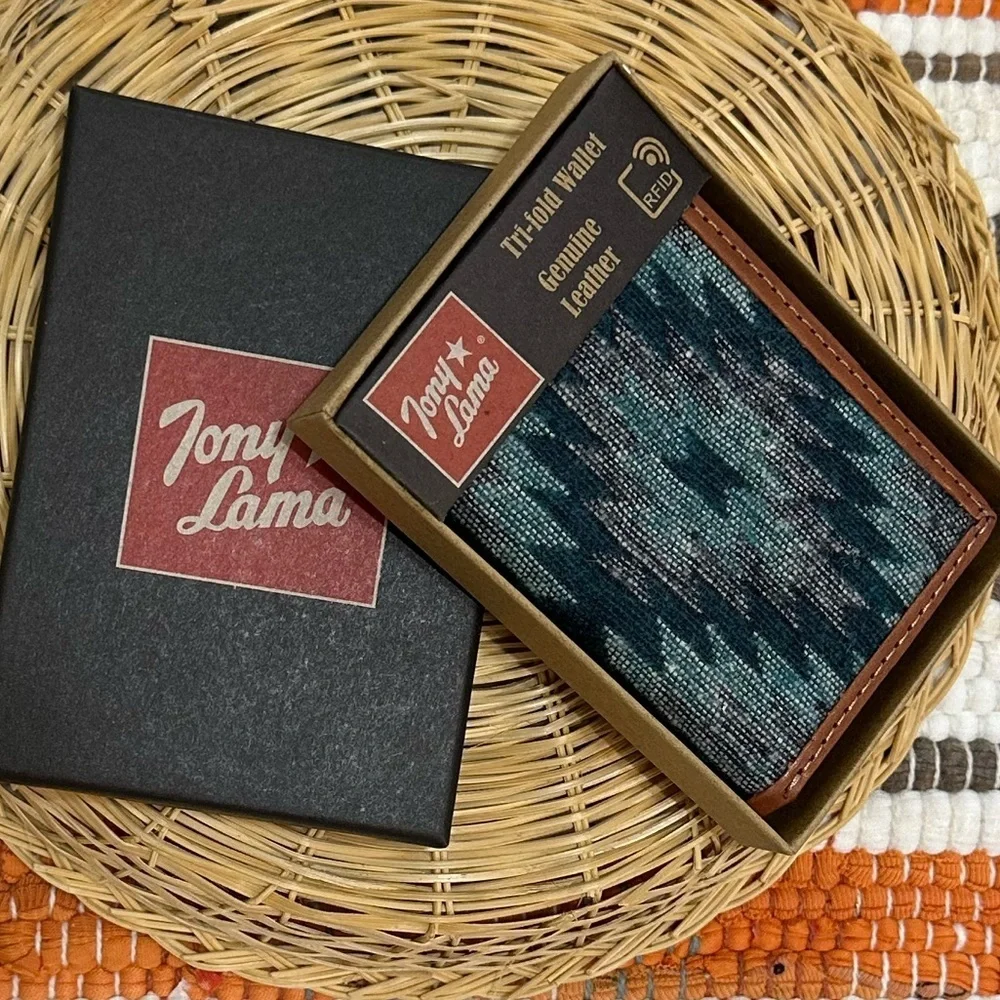New Tony Lama Tri-Fold Wallet RFID Blue Aztec Canvas Leather Cowboy Western